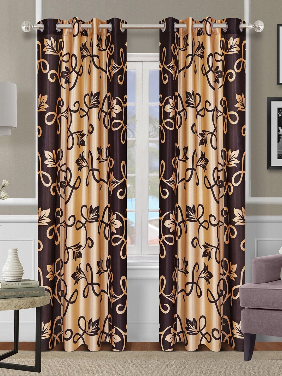 

ROMEE Brown & Beige Set of 2 Floral Room Darkening Long Door Curtains
