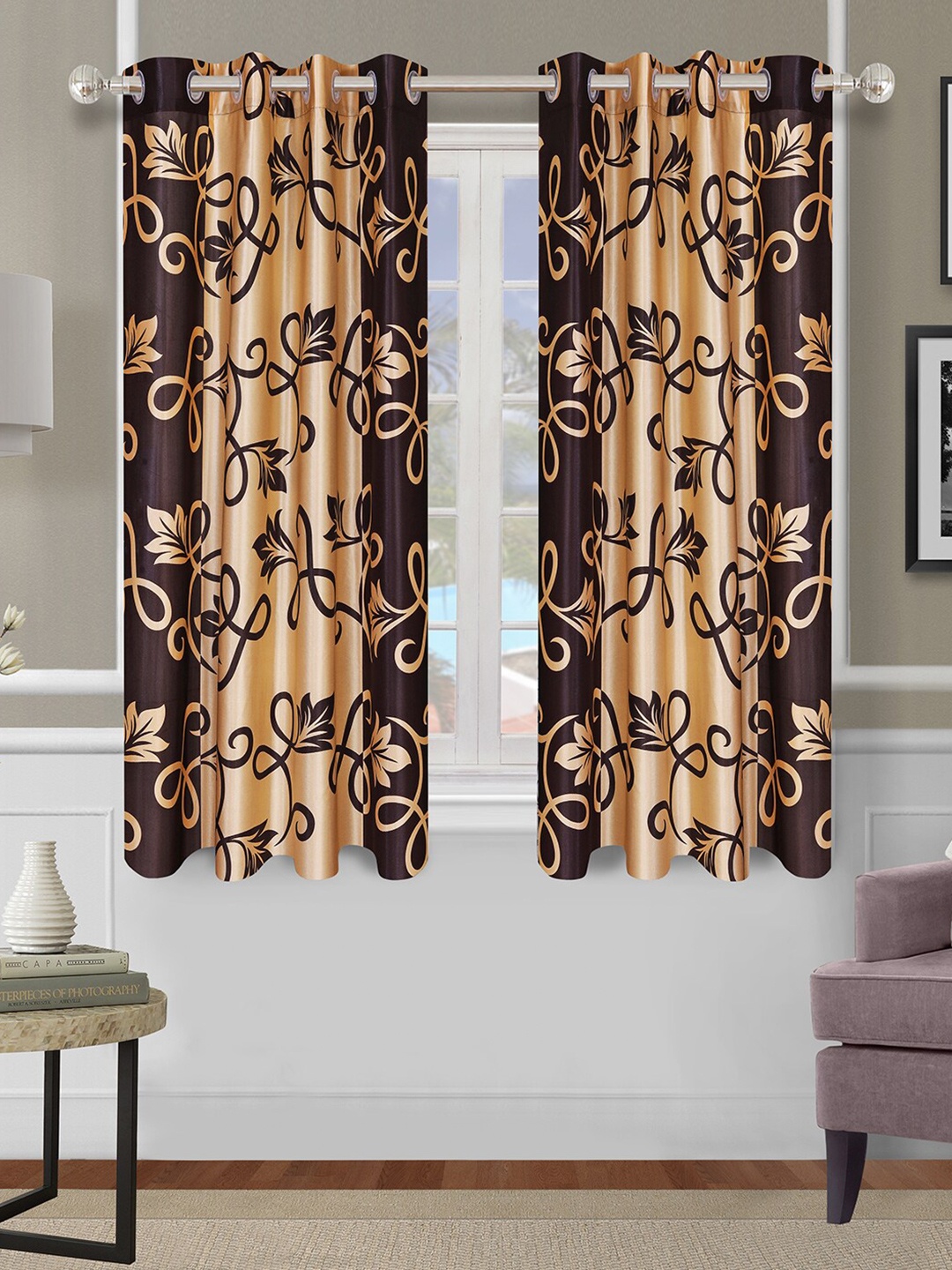 

ROMEE Gold-Toned & Brown Set of 2 Floral Room Darkening Window Curtain