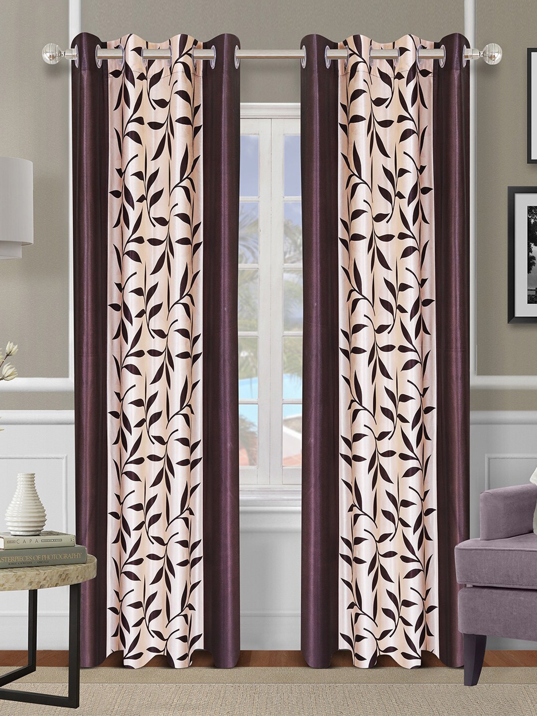 

ROMEE Brown & Cream-Coloured Set of 2 Floral Room Darkening Long Door Curtain