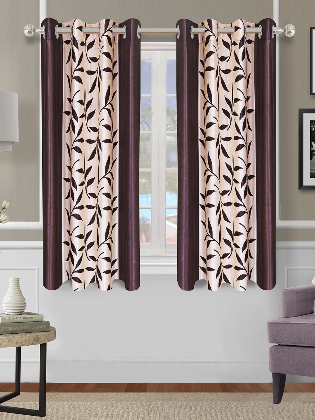 

ROMEE Pack Of 2 Brown & Cream Printed Room Darkening Window Curtains