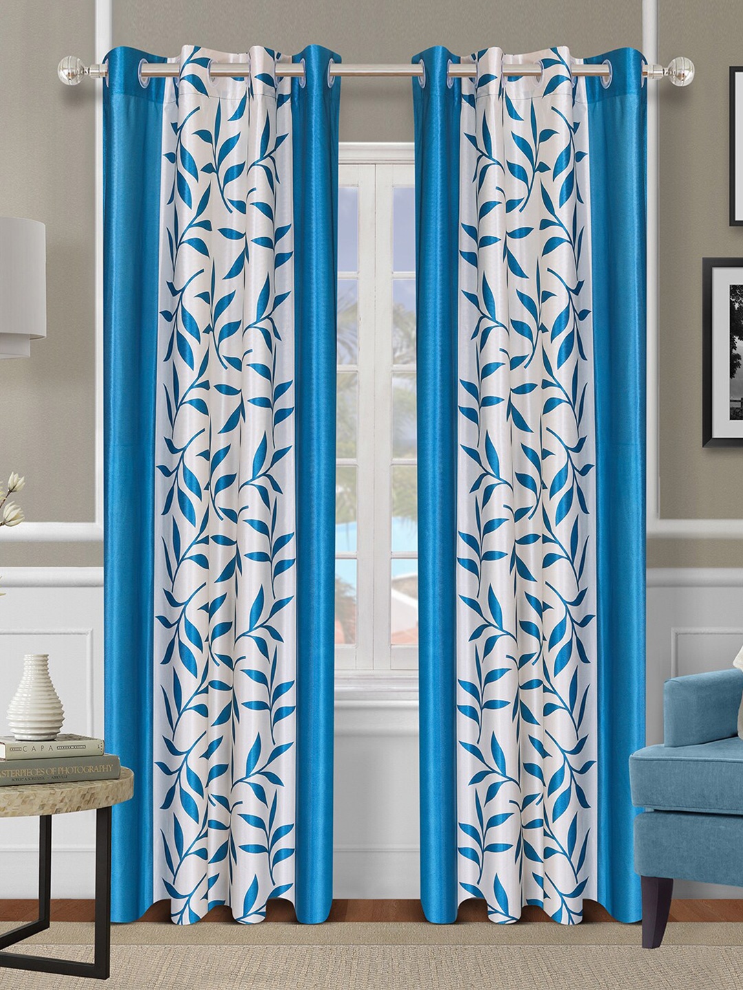 

ROMEE Blue Set of 2 Floral Room Darkening Long Door Curtain