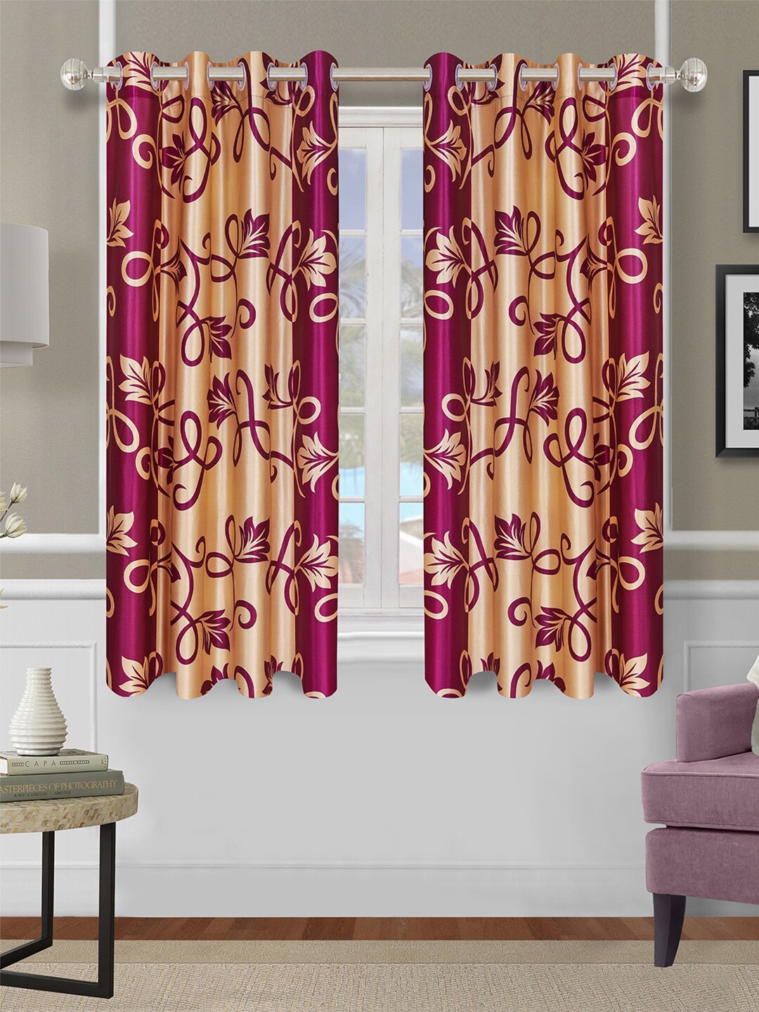 

ROMEE Purple & Gold-Toned Set of 2 Floral Room Darkening Window Curtain