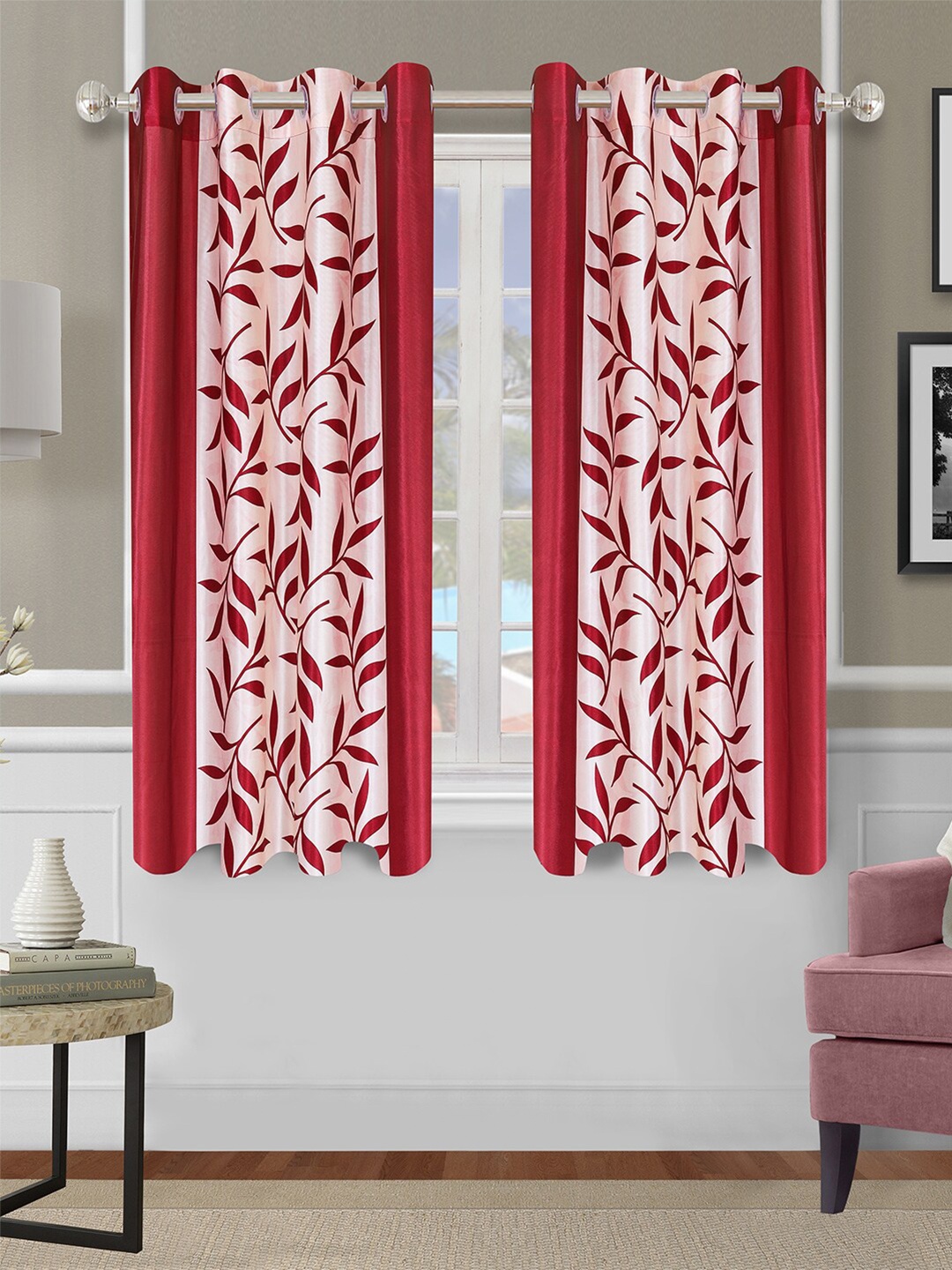 

ROMEE Red & Cream-Coloured Set of 2 Floral Room Darkening Window Curtain