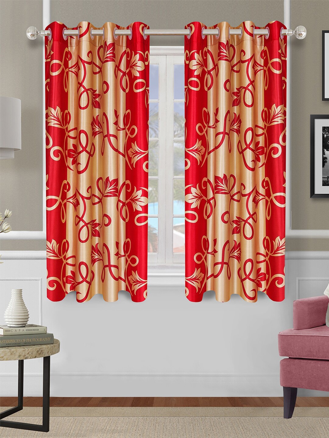 

ROMEE Pack Of 2 Gold & Red Printed Room Darkening Window Curtains