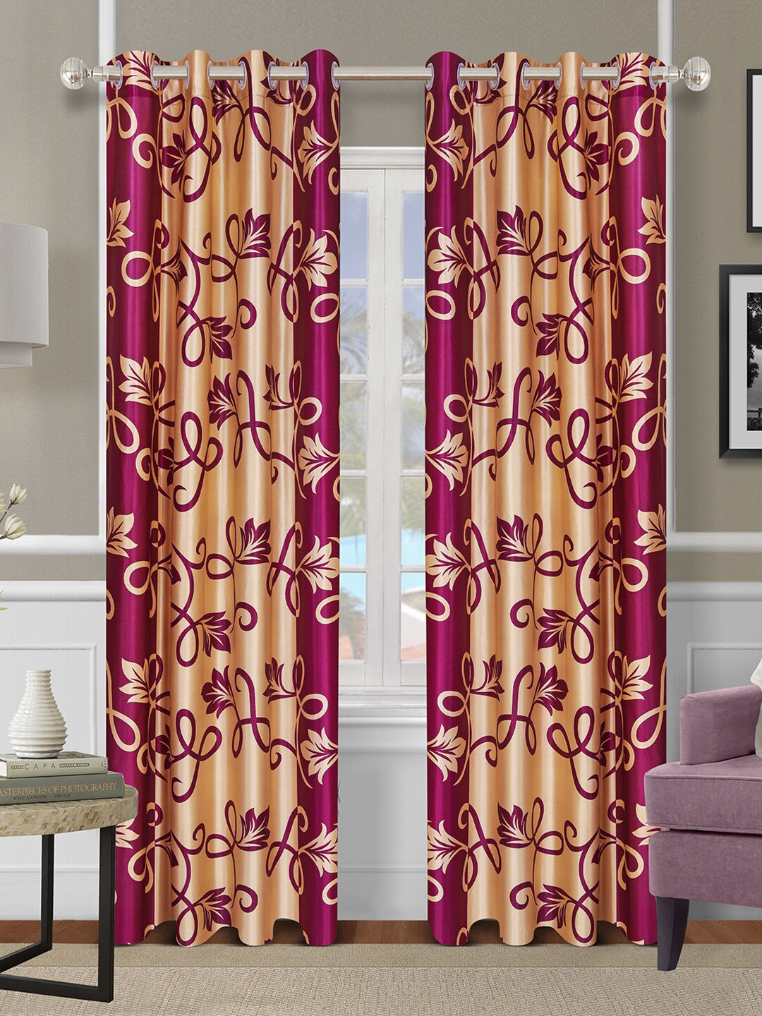 

ROMEE Set Of 2 Gold & Purple Floral Printed Room Darkening Long Door Curtains