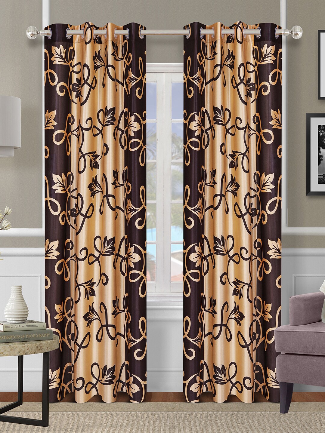 

ROMEE Gold-Toned & Brown Set of 2 Floral Room Darkening Door Curtain