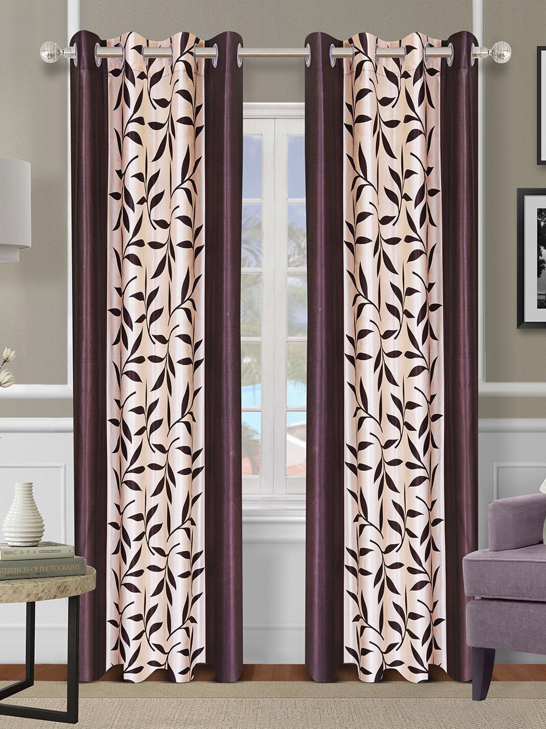 

ROMEE Brown & Cream-Coloured Set of 2 Floral Room Darkening Door Curtain