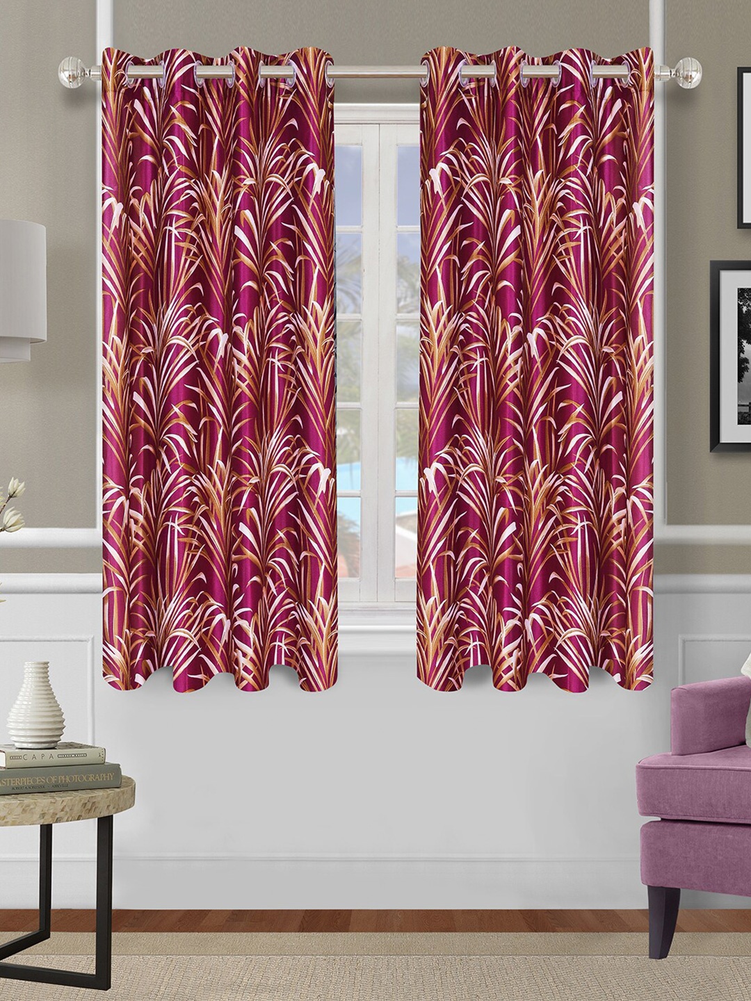

ROMEE Pack of 2 Floral Printed Room Darkening Window Curtain, Magenta