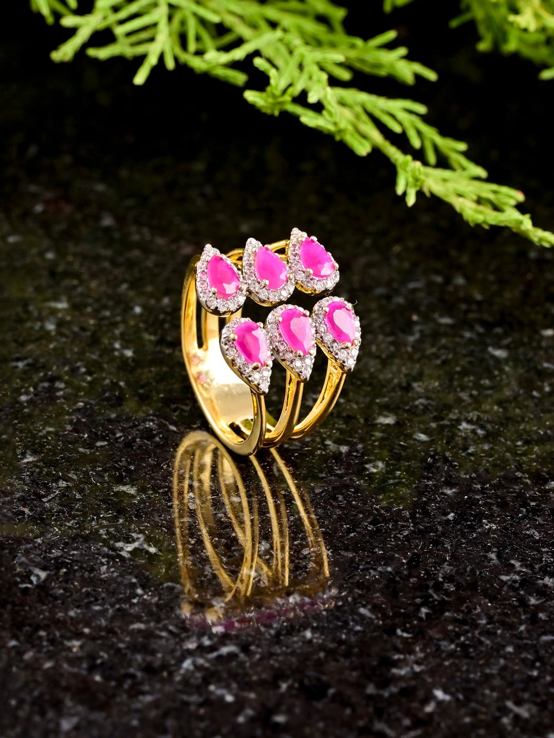 

Tistabene Gold-Plated Pink Stone Studded Finger Ring