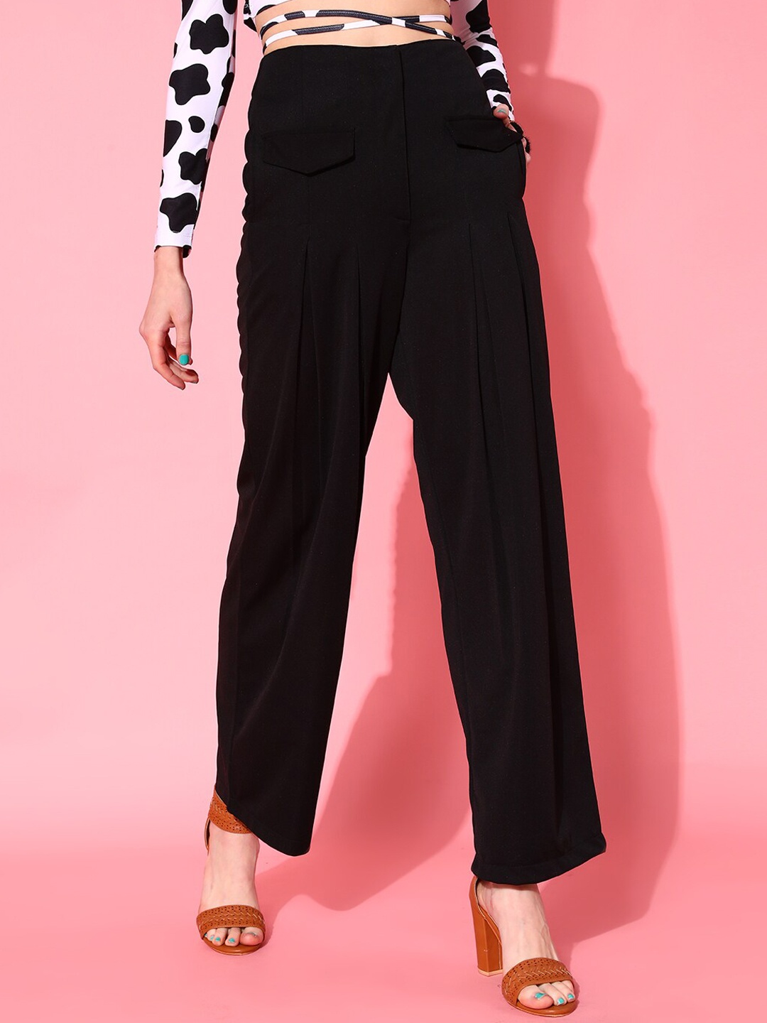 

STREET 9 Women Black Loose Fit High-Rise Trousers