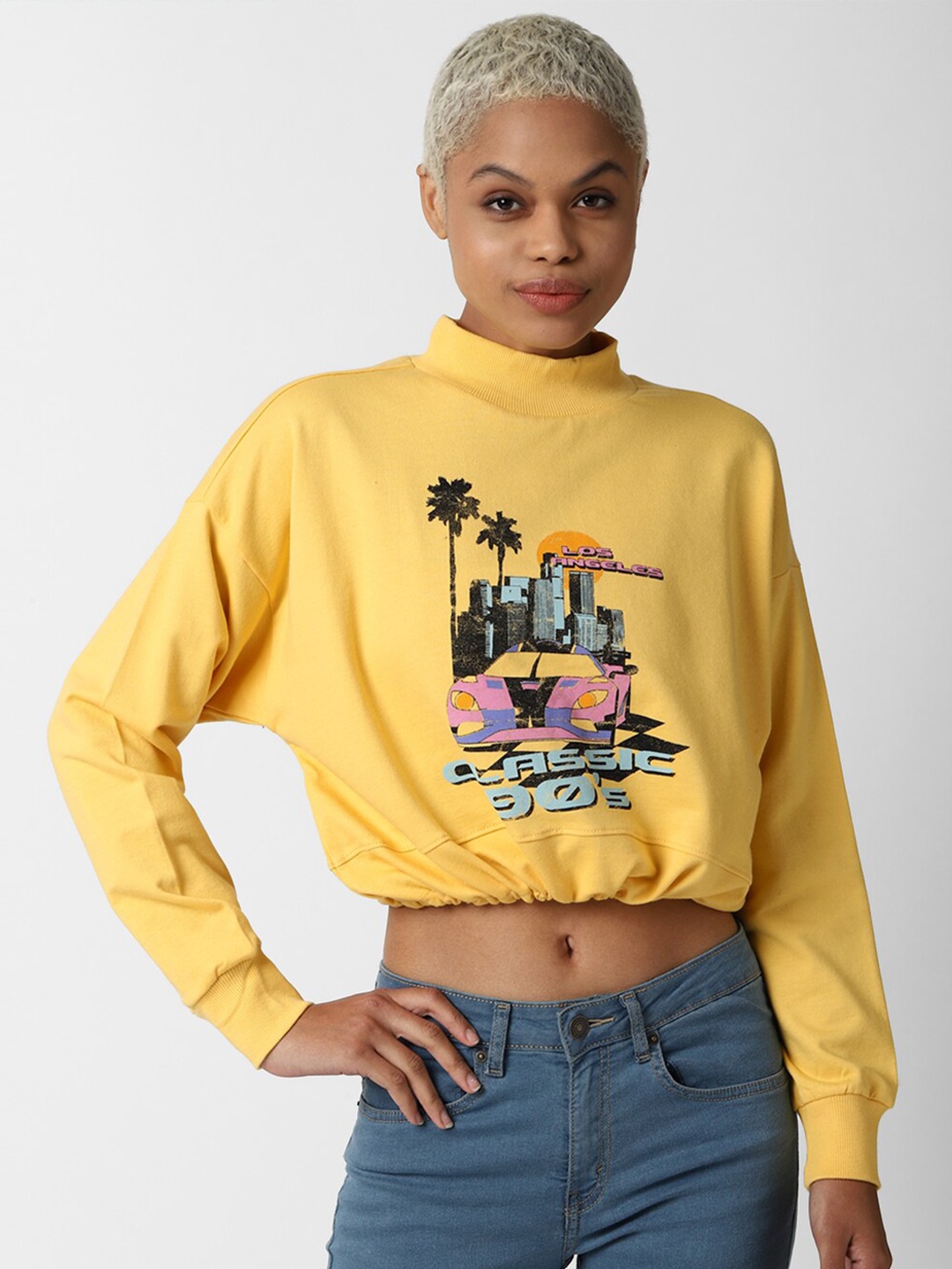 

FOREVER 21 Women Yellow Graphic Printed Cotton Sweatshirt