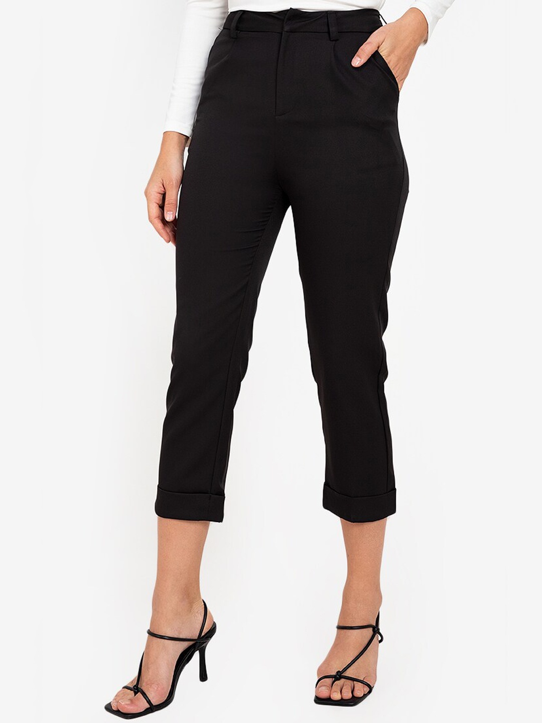 

ZALORA WORK Women Black Solid Tailored Slim-Fit Crop Trousers