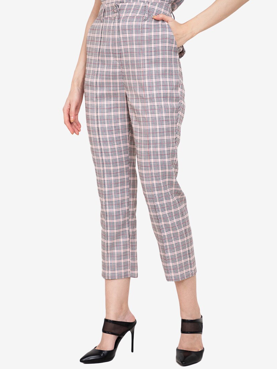 

ZALORA WORK Women Pink Checked Tapered Fit Trousers