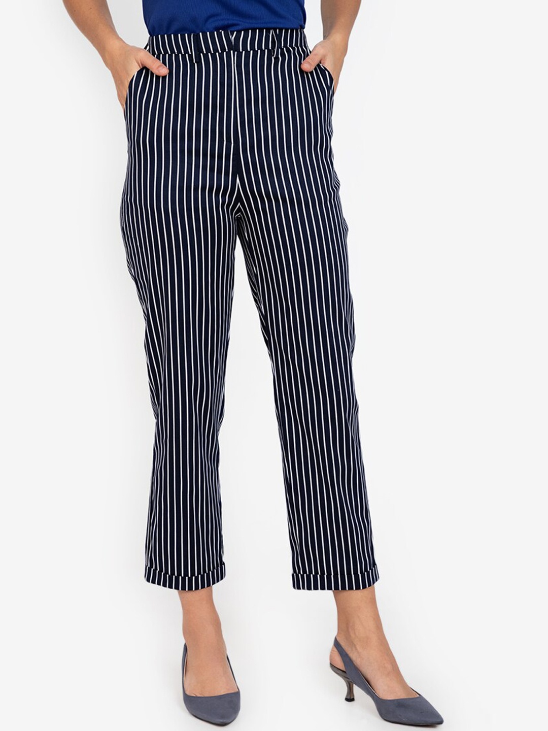 

ZALORA WORK Women Navy Blue Striped Trousers