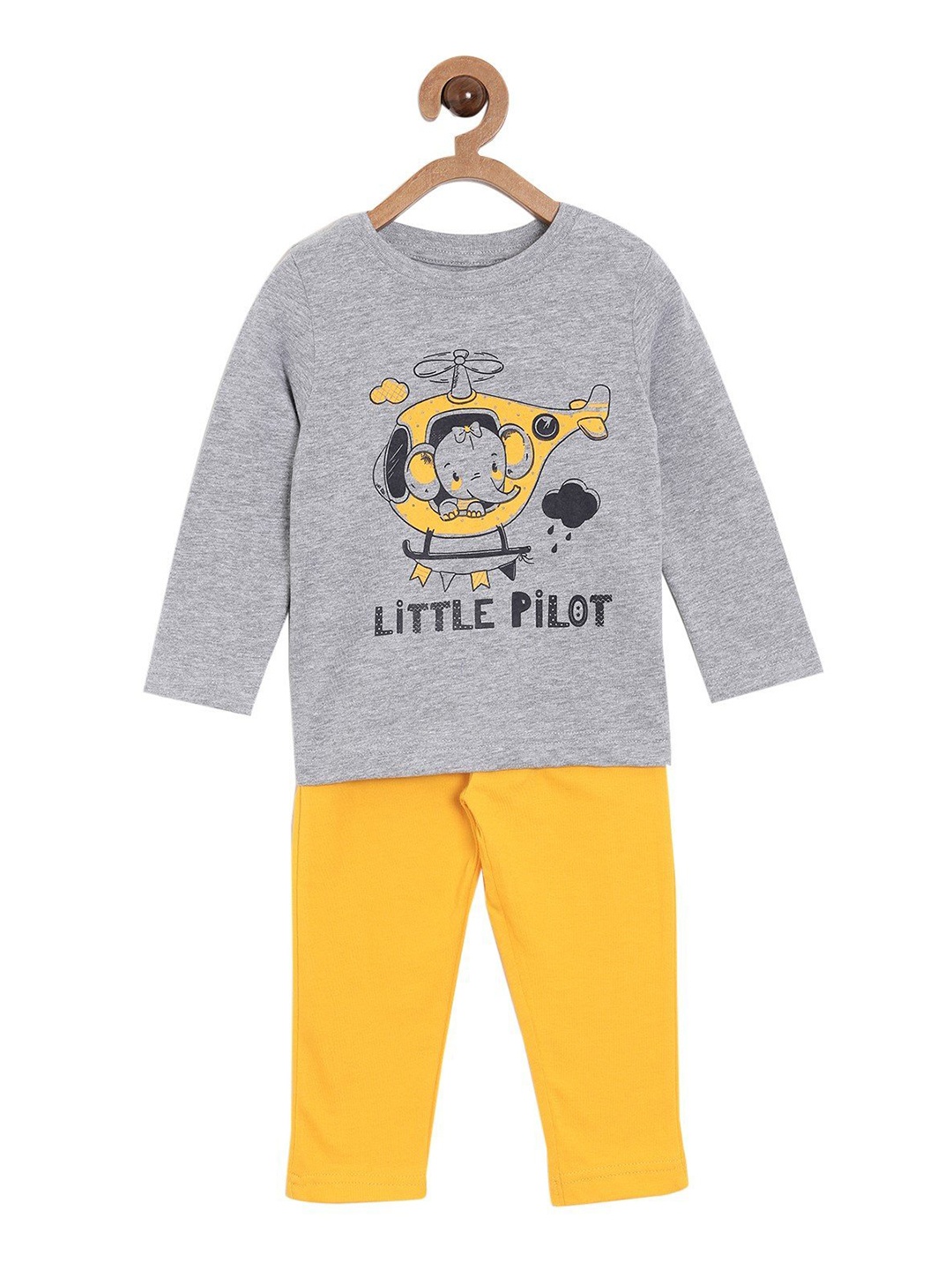 

The Mom Store Unisex Kids Grey & Yellow Printed Top with Pyjamas