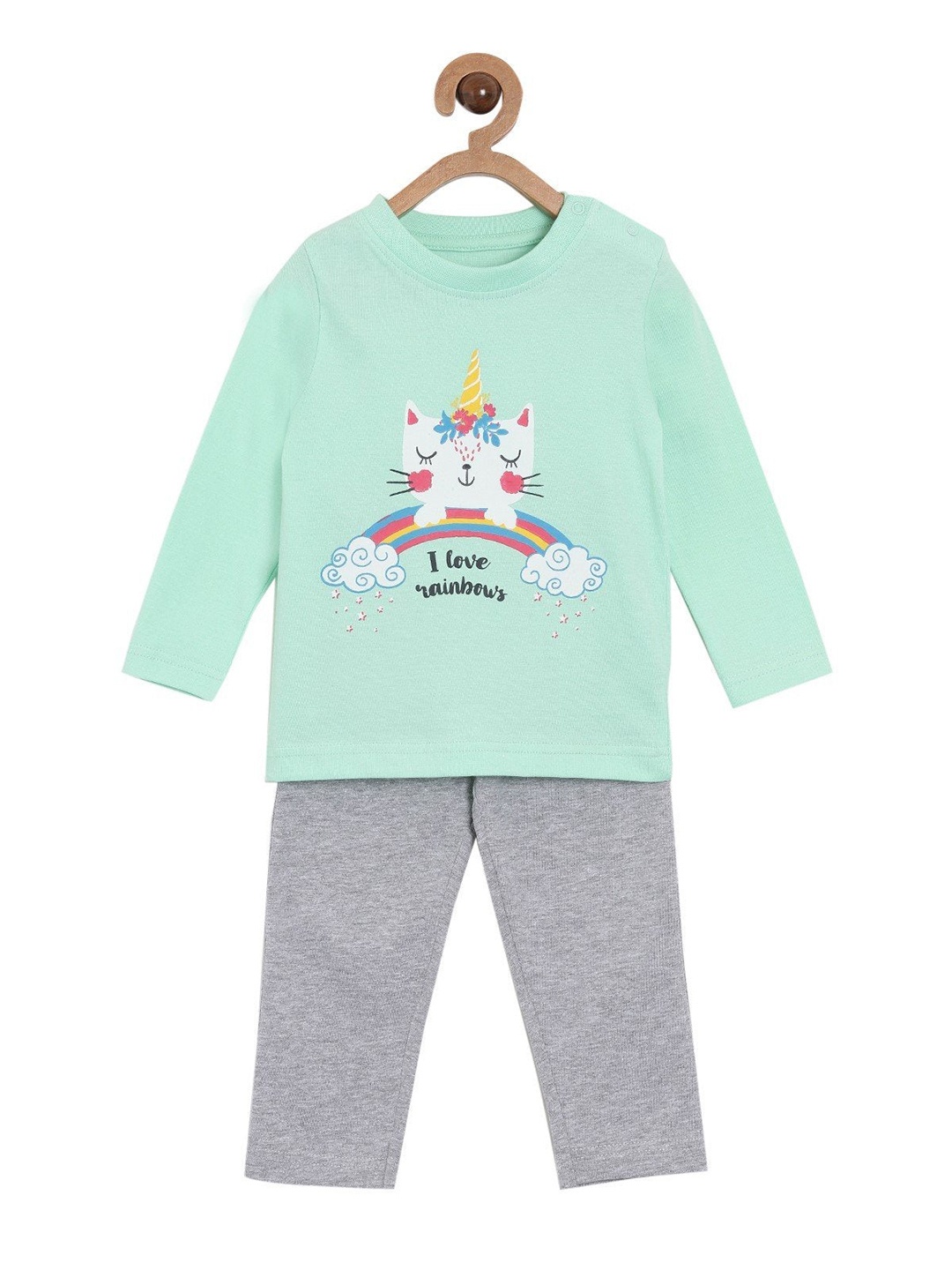 

The Mom Store Kids Sea Green & Grey Printed Cotton Night Suit