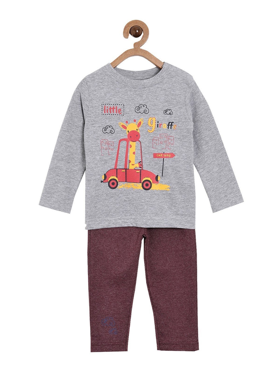 

The Mom Store Kids Grey & Brown Printed Pure Cotton Top with Pyjamas