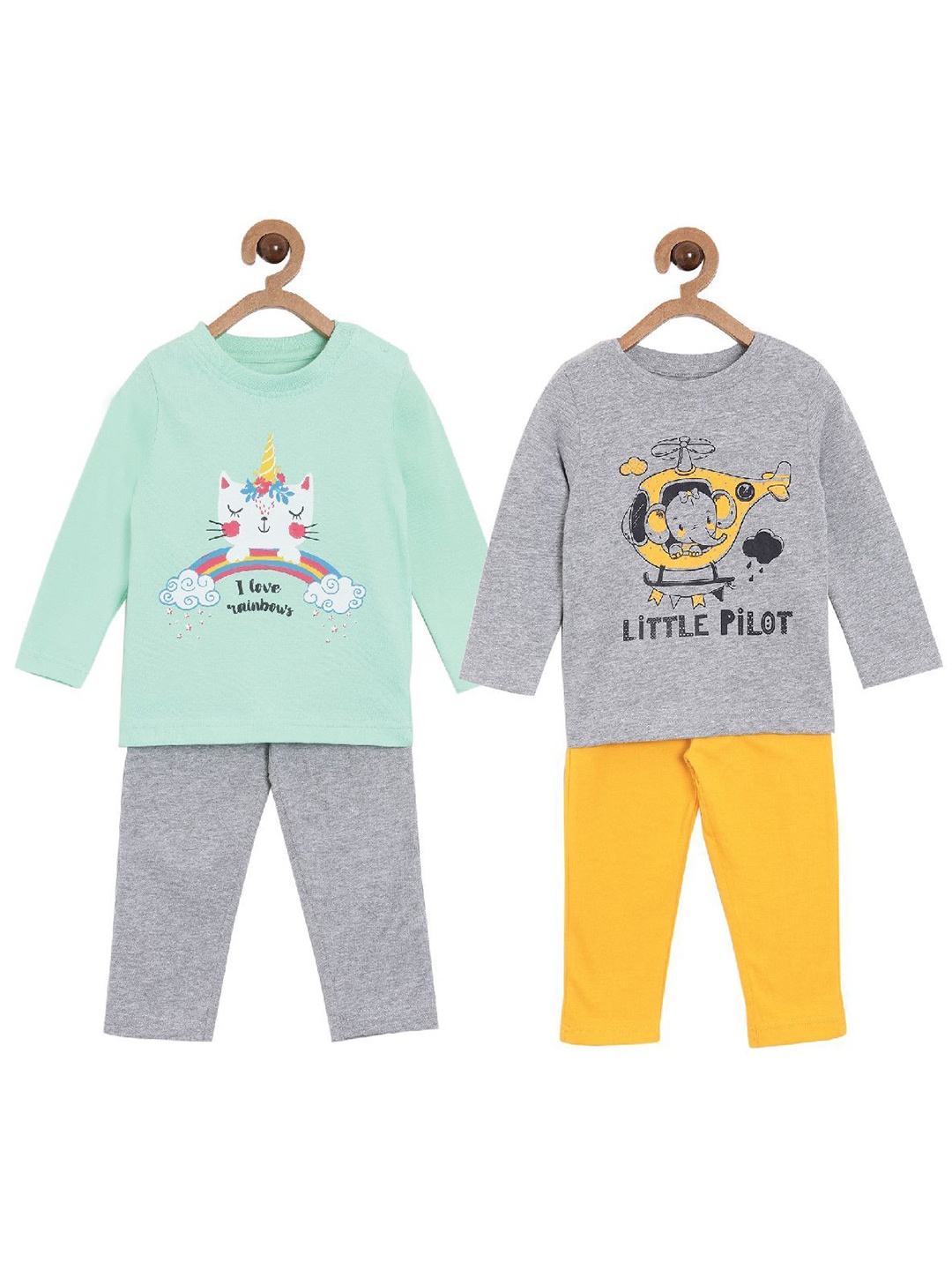 

The Mom Store Kids Yellow & Grey Pack of 2 Printed Top with Pyjamas