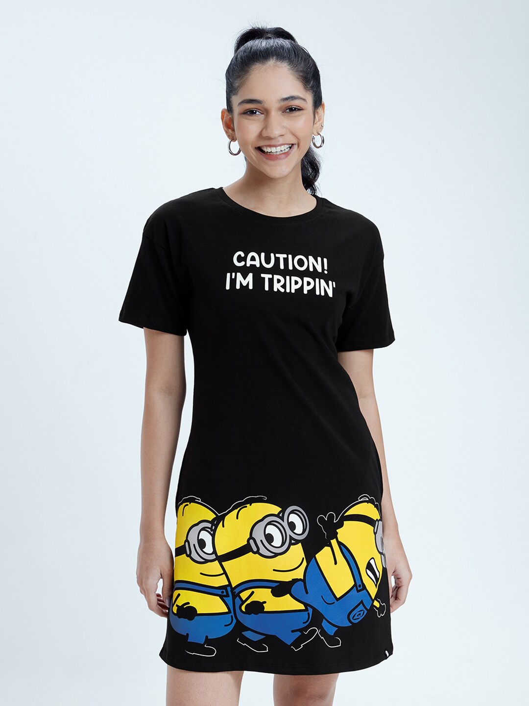 

The Souled Store Black & Yellow Minions Printed Cotton T-shirt Dress