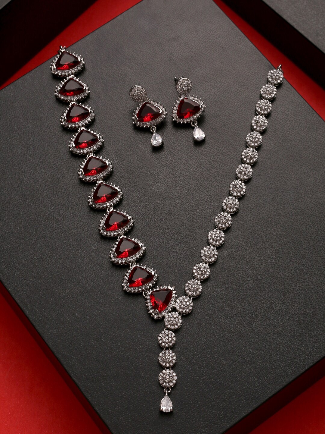 

VIRAASI Silver-Plated Red & White AD-Studded Jewellery Set