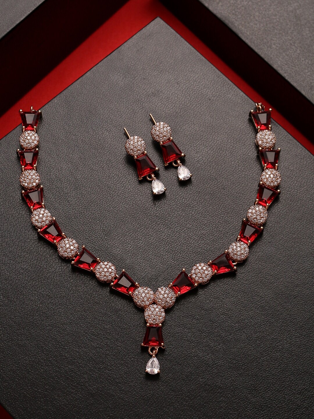 

VIRAASI Rose Gold-Plated Red AD Stone Studded Jewellery Set