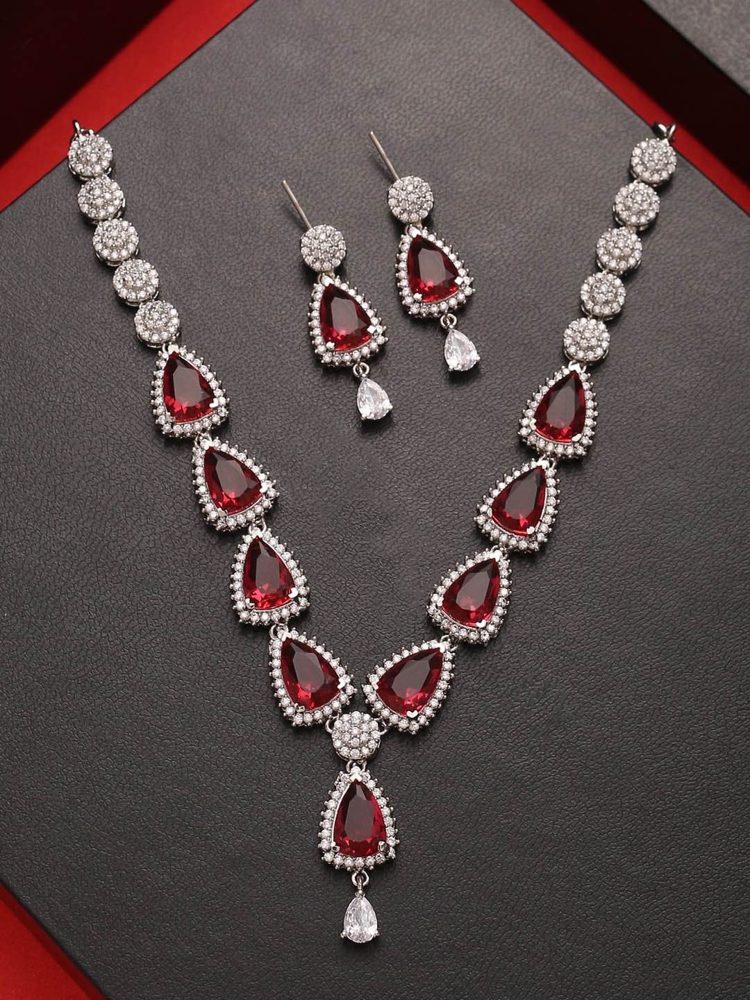 

VIRAASI Silver-Plated & Red American Diamond Stone-Studded Jewellery Set