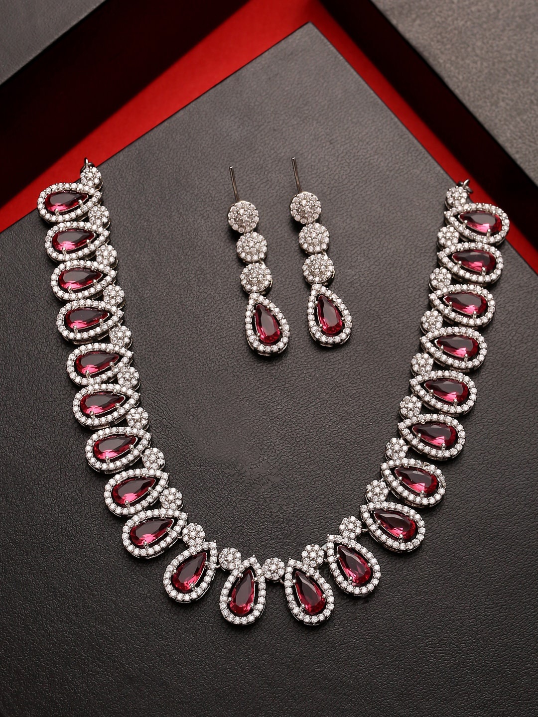 

VIRAASI Silver-Plated White & Coral Red AD-Studded Jewellery Set