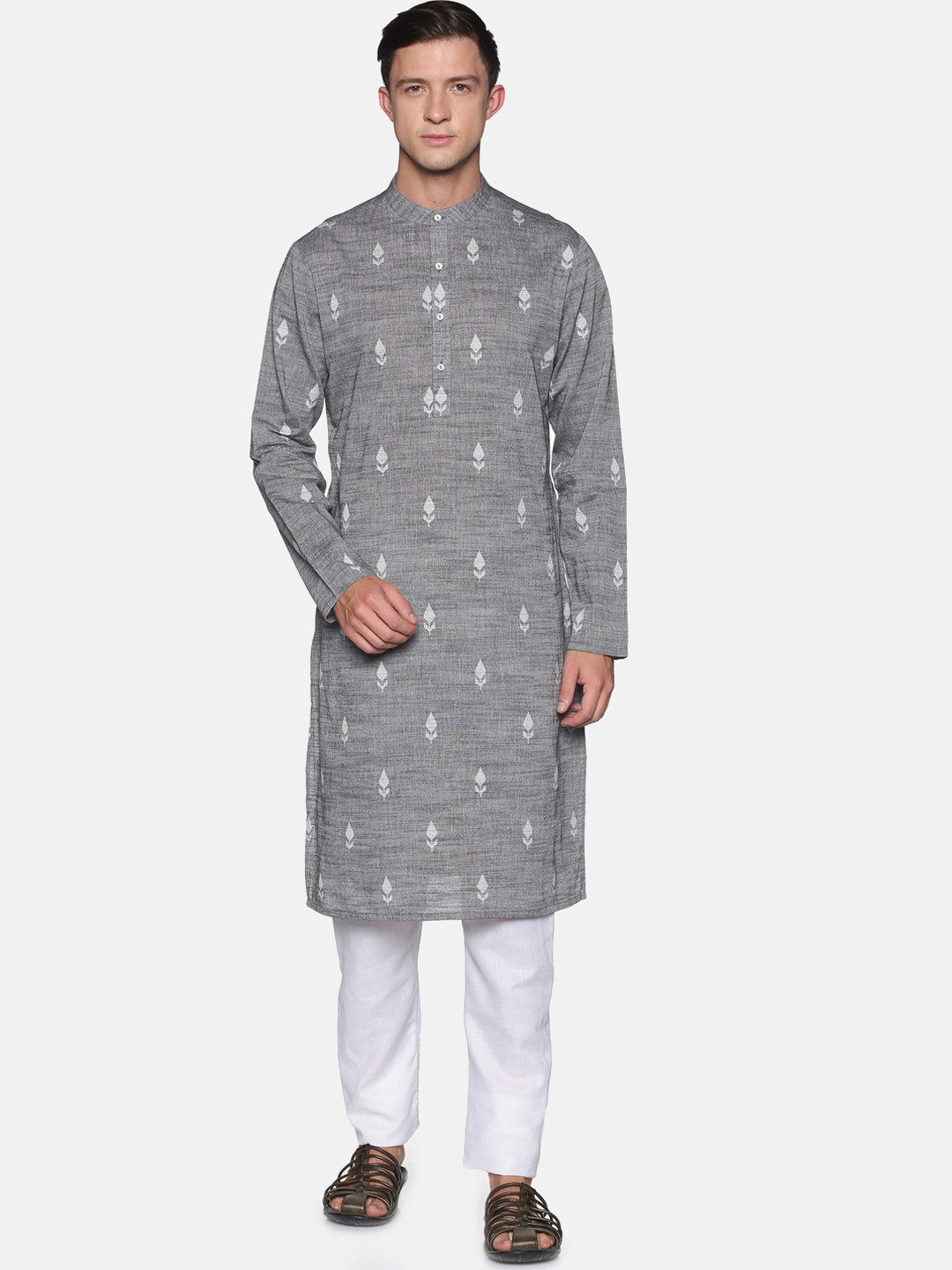 

Saffron Threads Men Grey & White Woven Design Dobby Kurta with Pyjamas