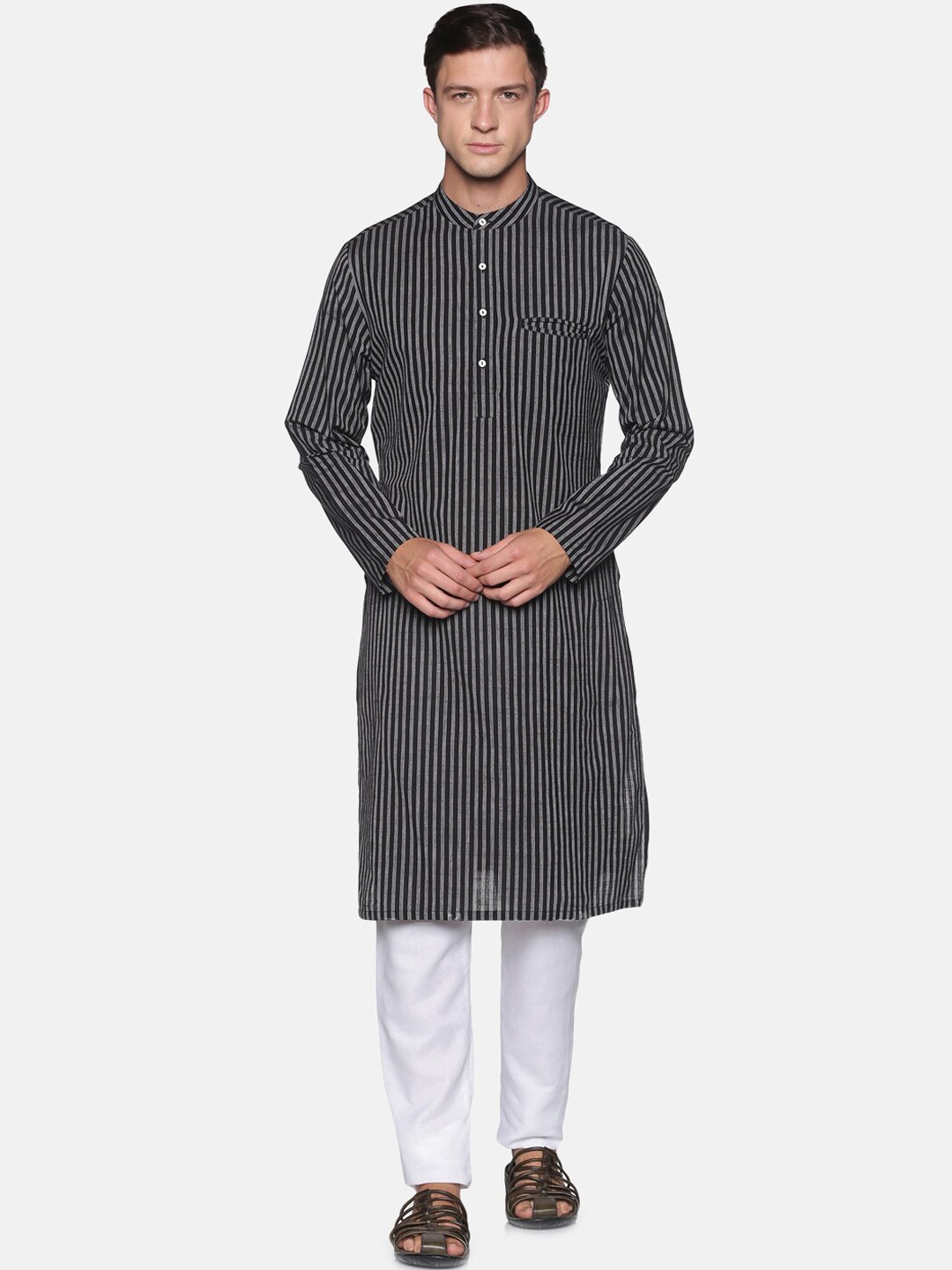 

Saffron Threads Men Black Striped Pure Cotton Kurta with Pyjamas