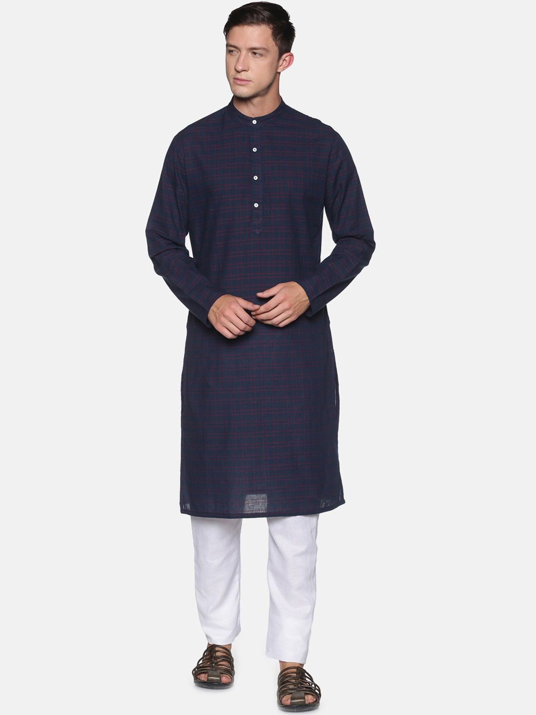 

Saffron Threads Men Navy Blue Checked Pure Cotton Kurta with Pyjamas