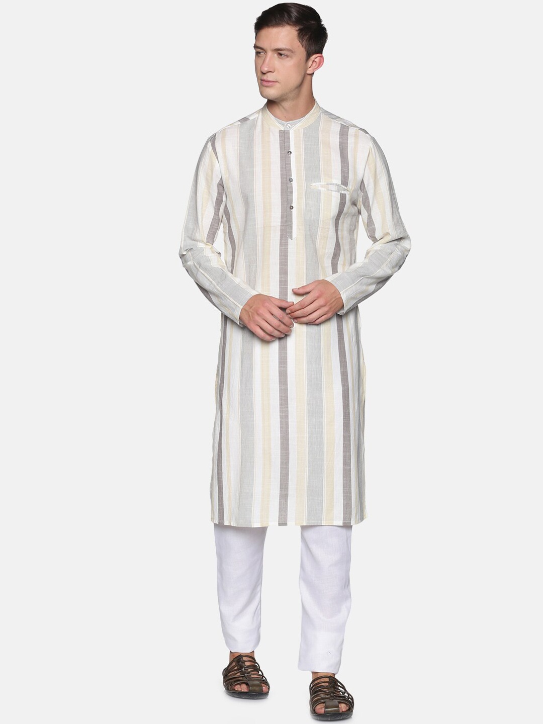 

Saffron Threads Men Off White Striped Pure Cotton Kurta with Pyjamas