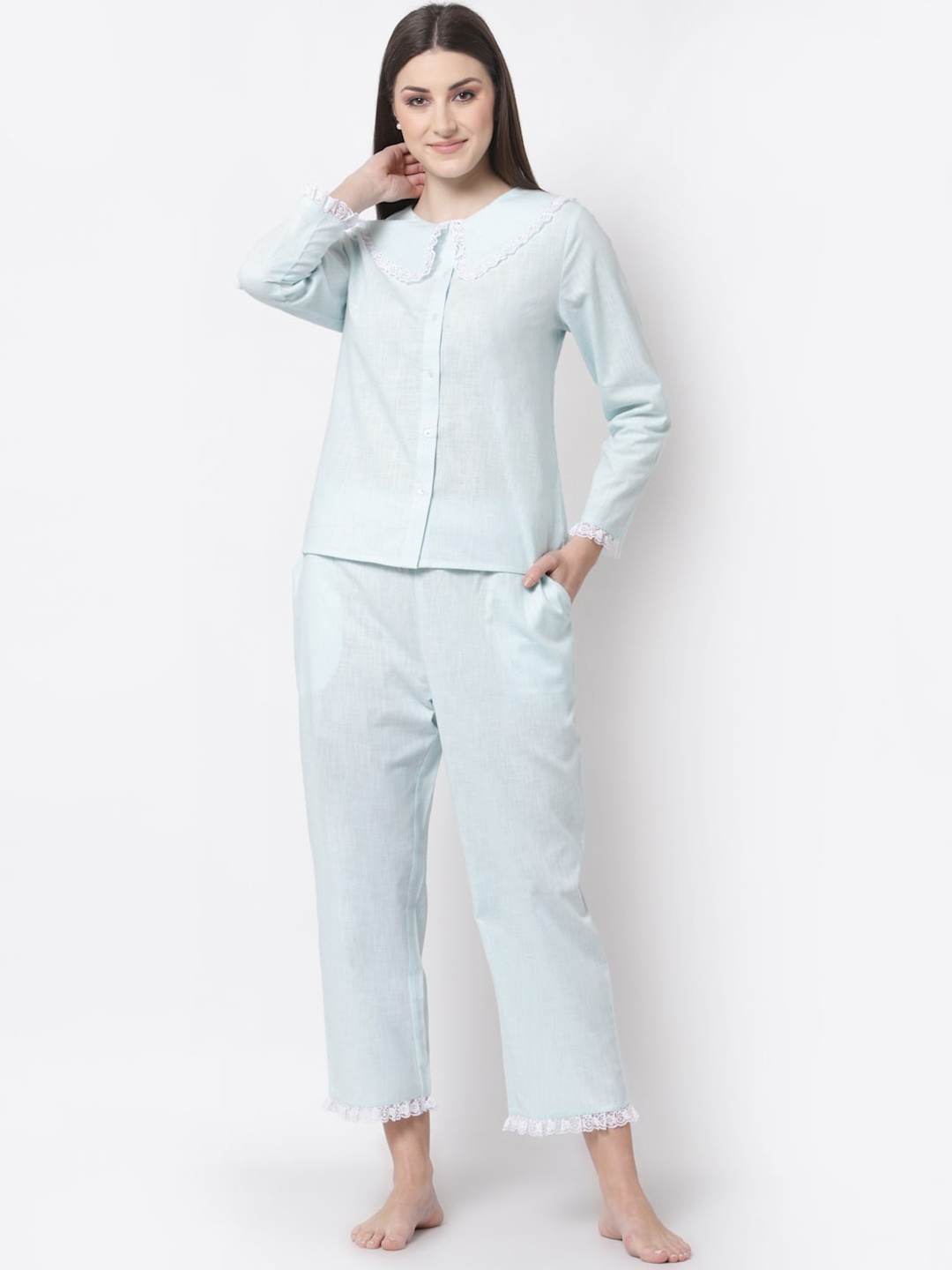 

BLANC9 Women Blue Laced Pure Cotton Night Suit