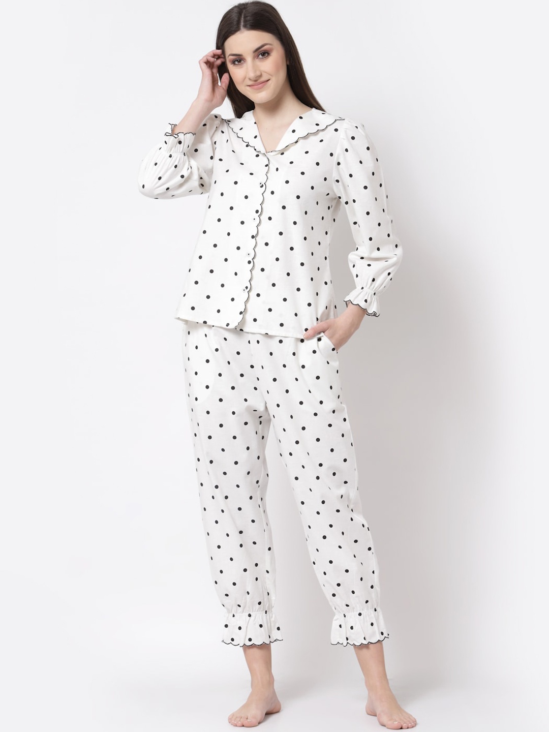 

BLANC9 Women Off White & Black Printed Cotton Night suit