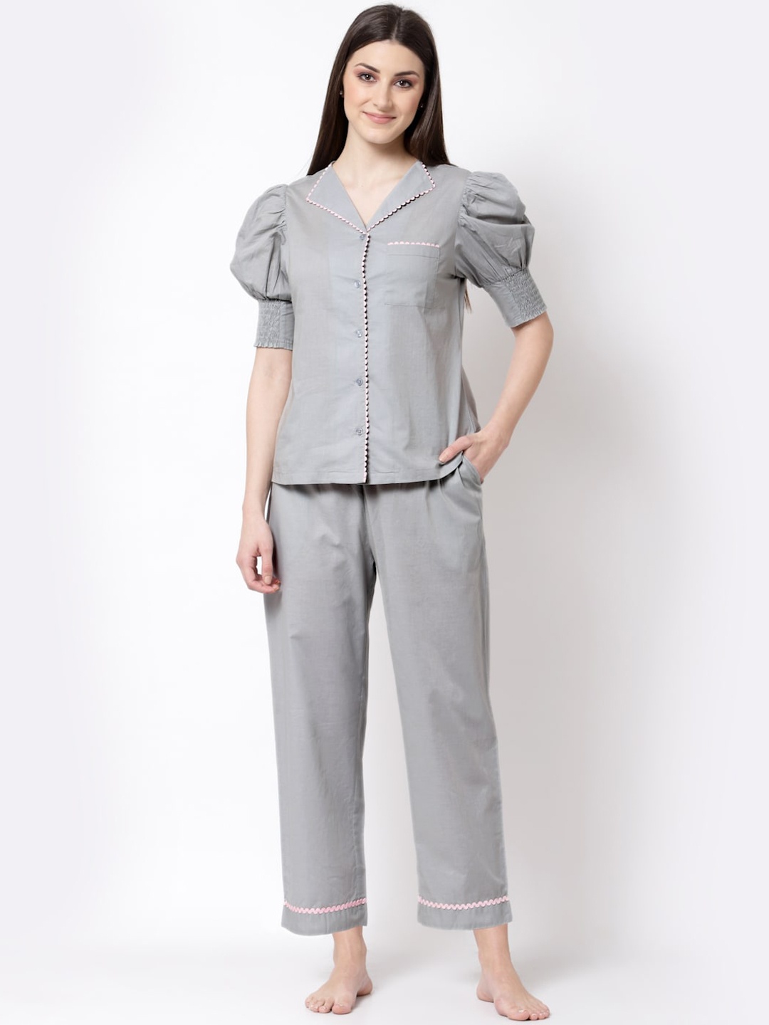 

BLANC9 Women Grey Solid Pure Cotton Night suit