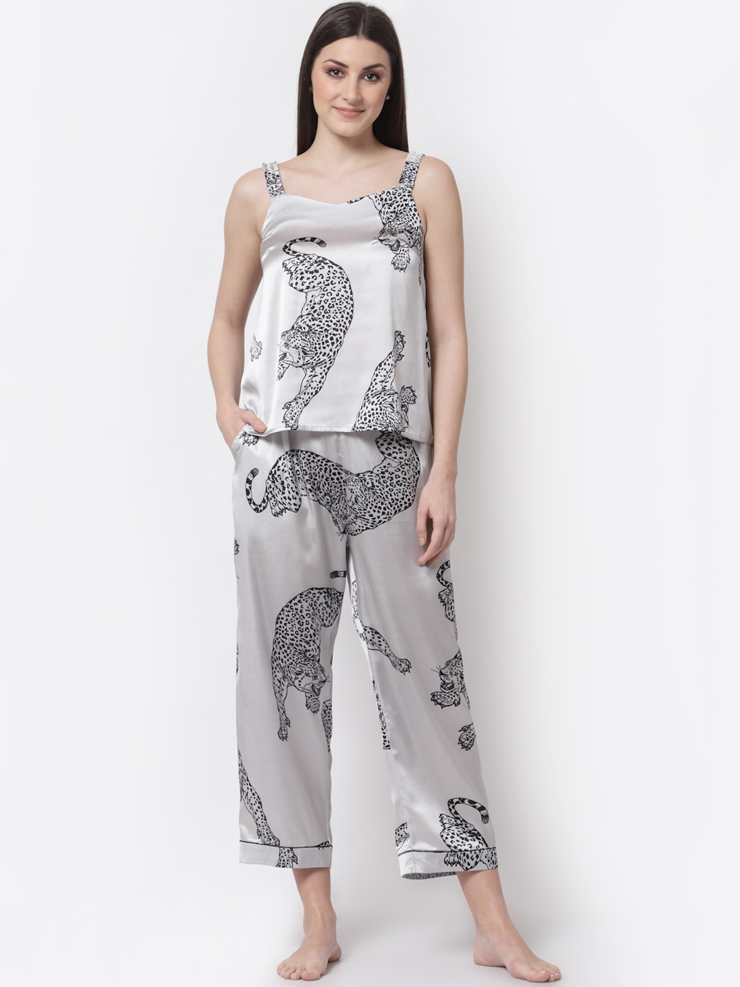 

BLANC9 Women Grey & Black Printed Night suit