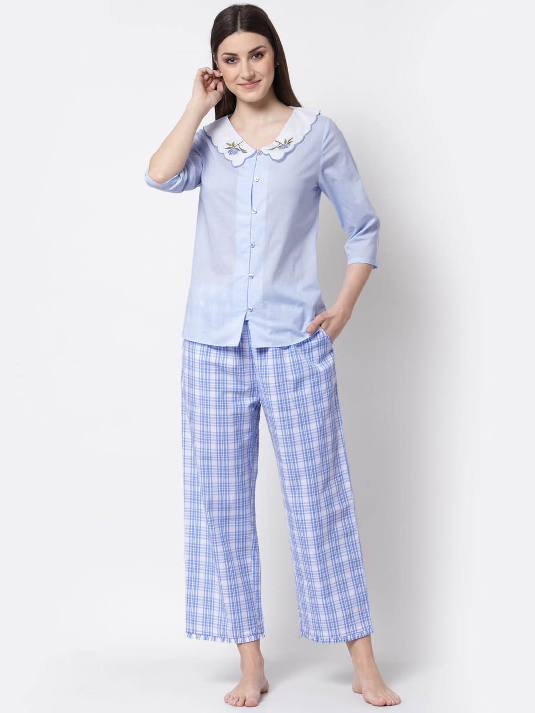 

BLANC9 Women Blue & White Solid Cotton Night suit