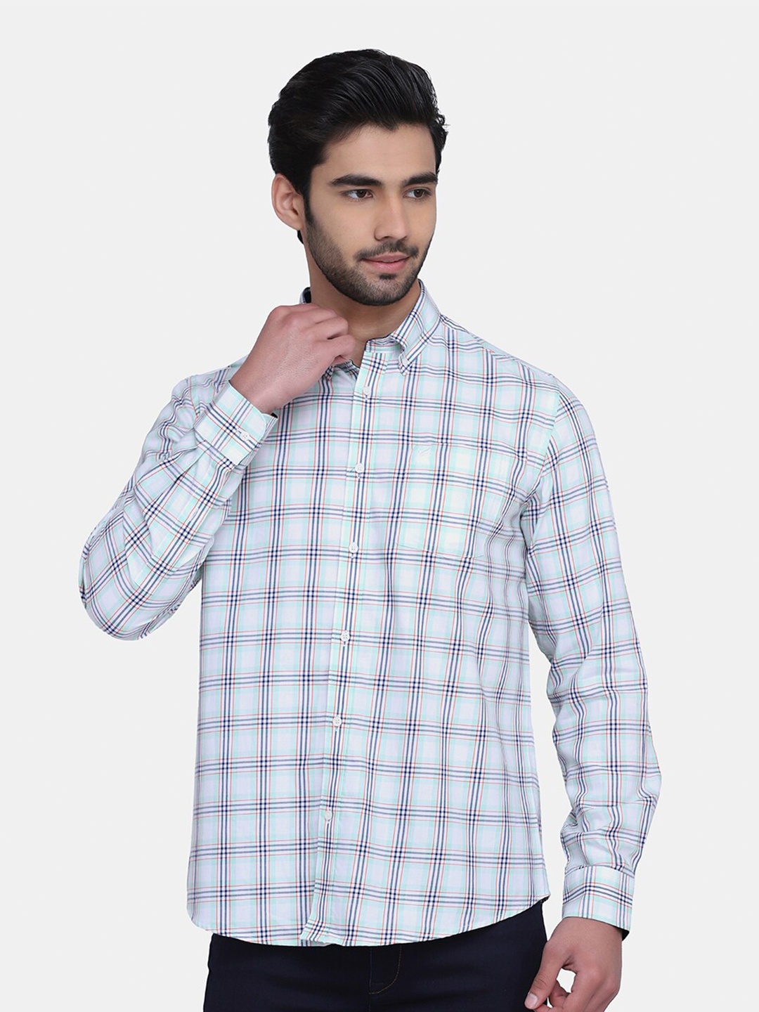 

Blackberrys Men Blue Slim Fit Checked Cotton Casual Shirt
