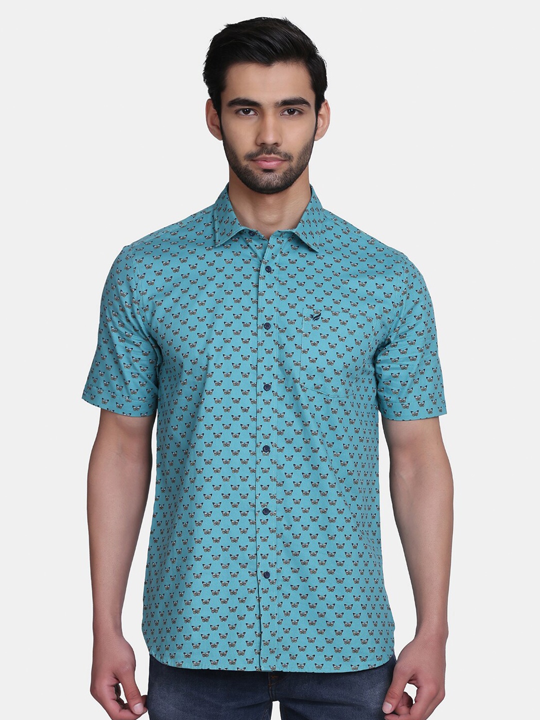 

Blackberrys Men Teal India Slim Fit Printed Cotton Casual Shirt