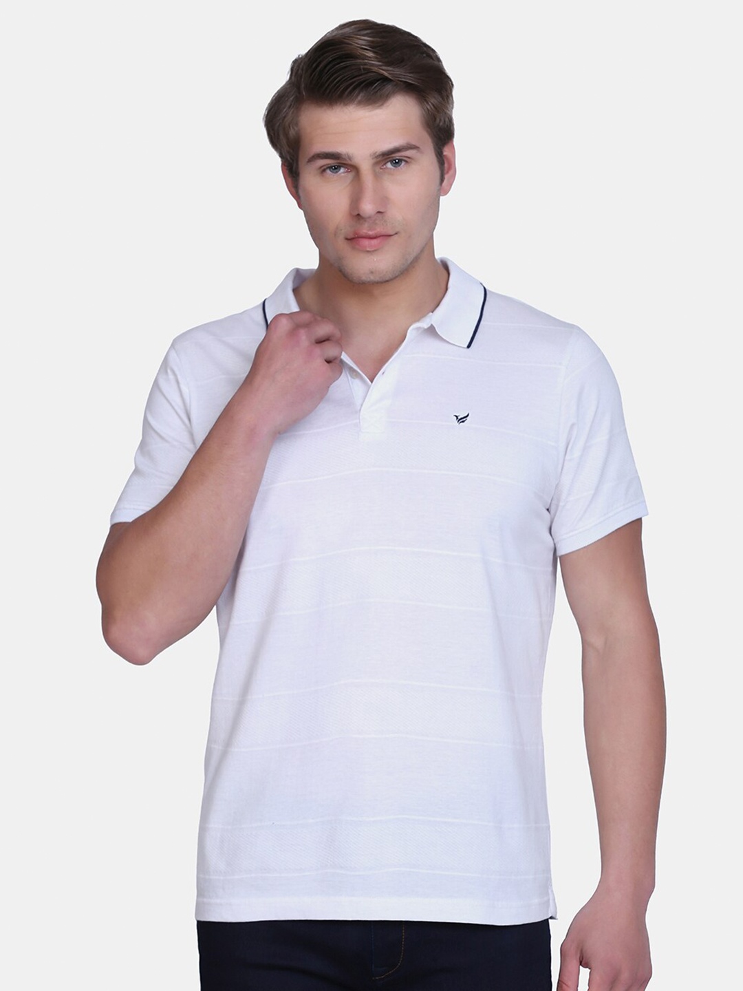 

Blackberrys Men White Striped Polo Collar Slim Fit Cotton T-shirt