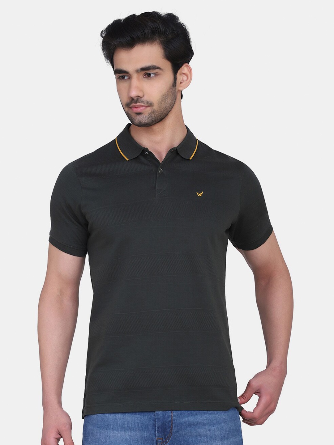 

Blackberrys Men Olive Green Polo Collar Slim Fit Cotton T-shirt
