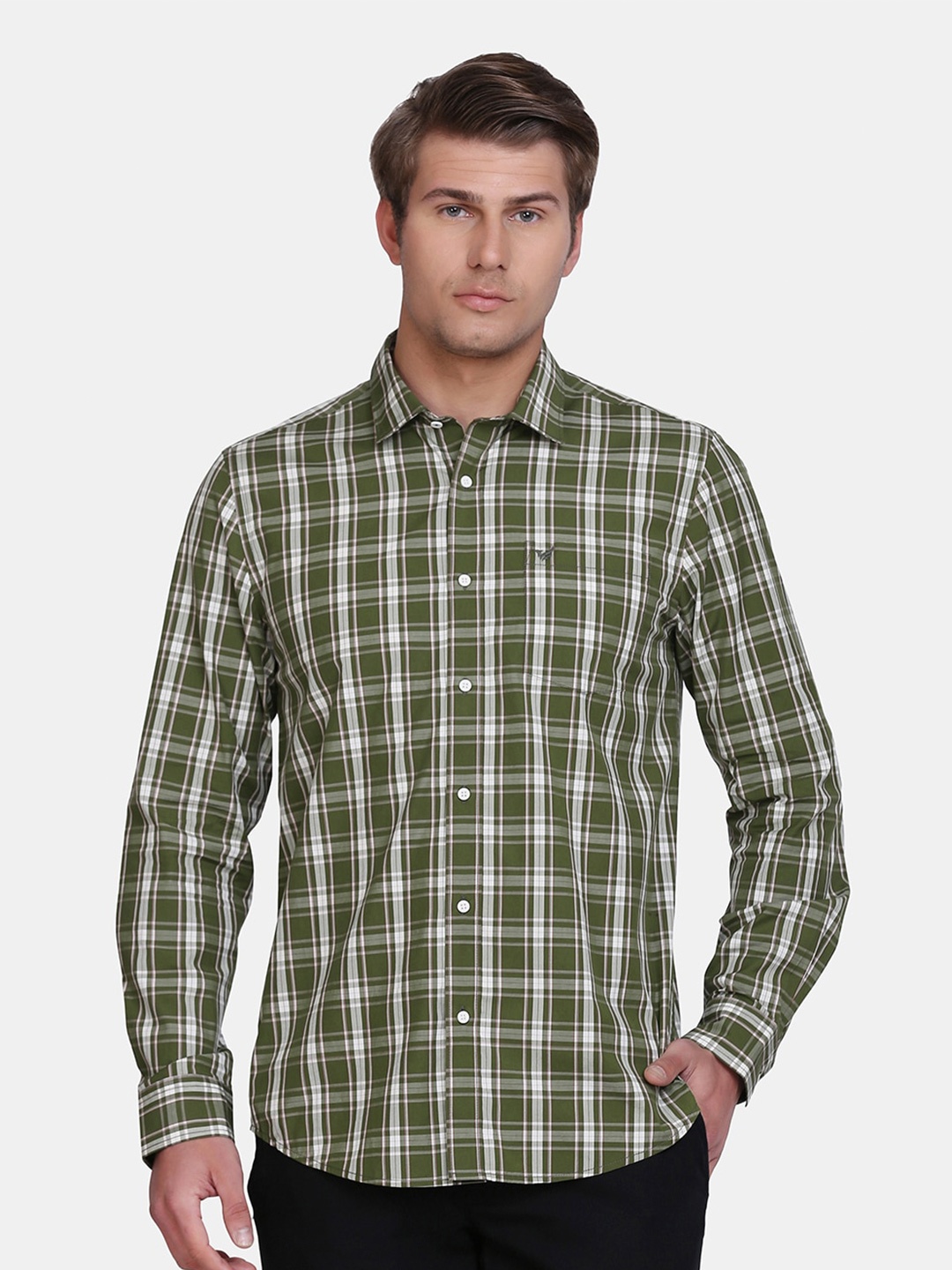 

Blackberrys Men Olive Green India Slim Fit Tartan Checks Checked Casual Shirt