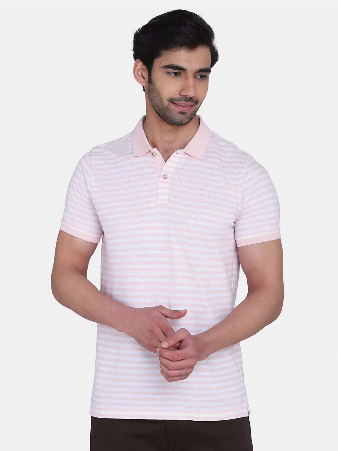 

Blackberrys Men Pink & White Striped Polo Collar Slim Fit T-shirt