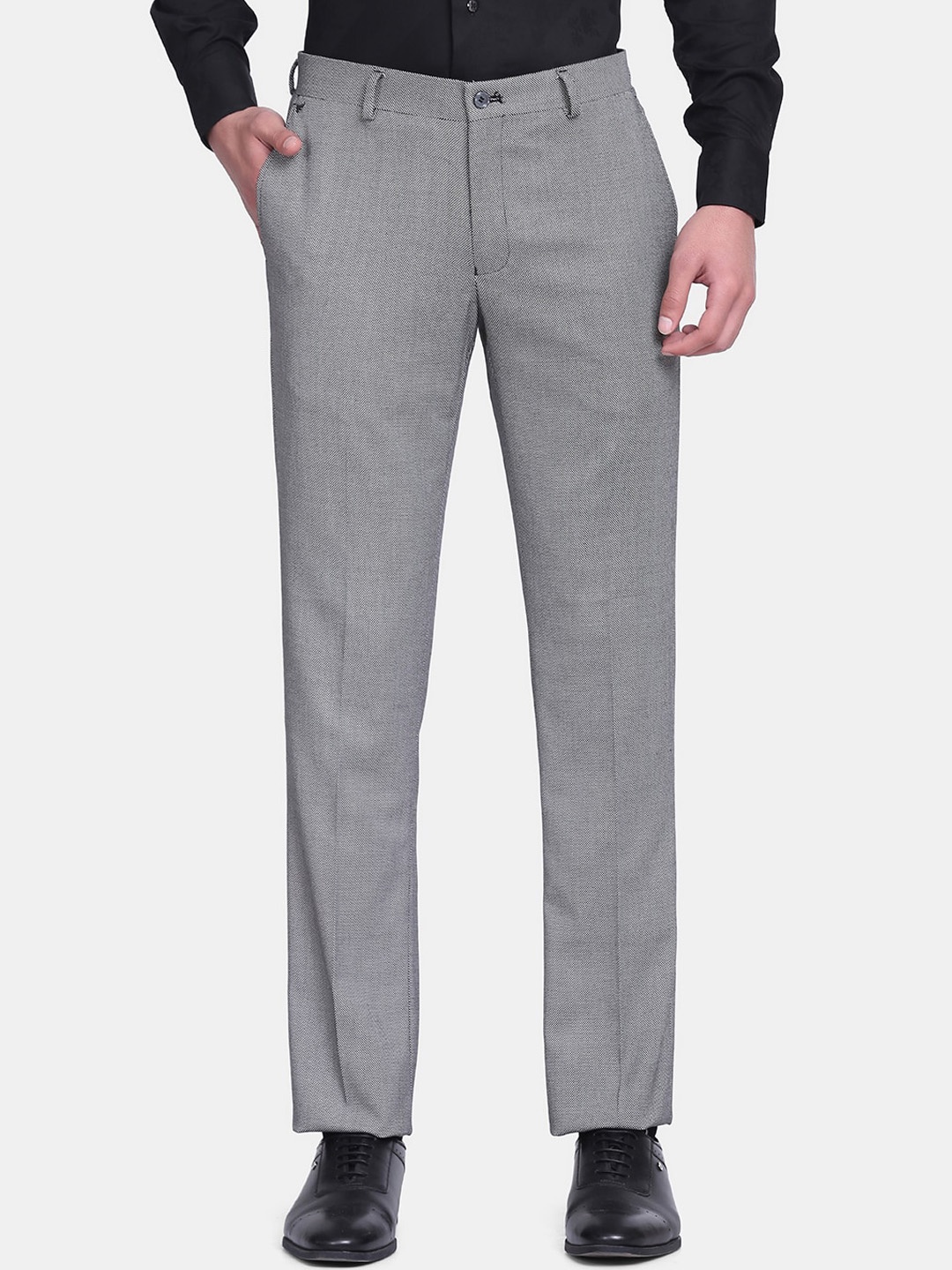 

Blackberrys Men Grey Textured B-95 Slim Fit Trousers