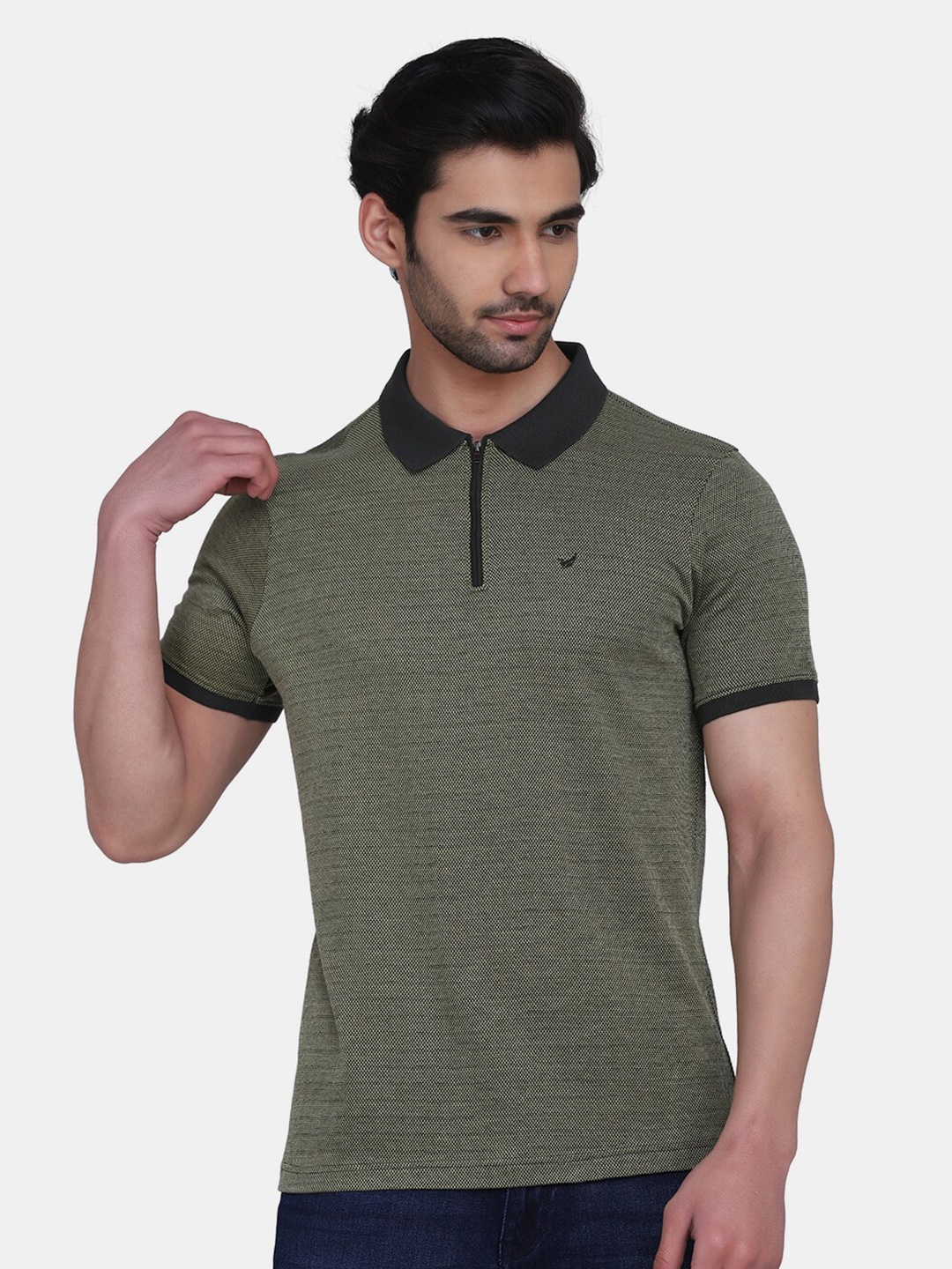 

Blackberrys Men Olive Green Solid Polo Collar Slim Fit Cotton T-shirt