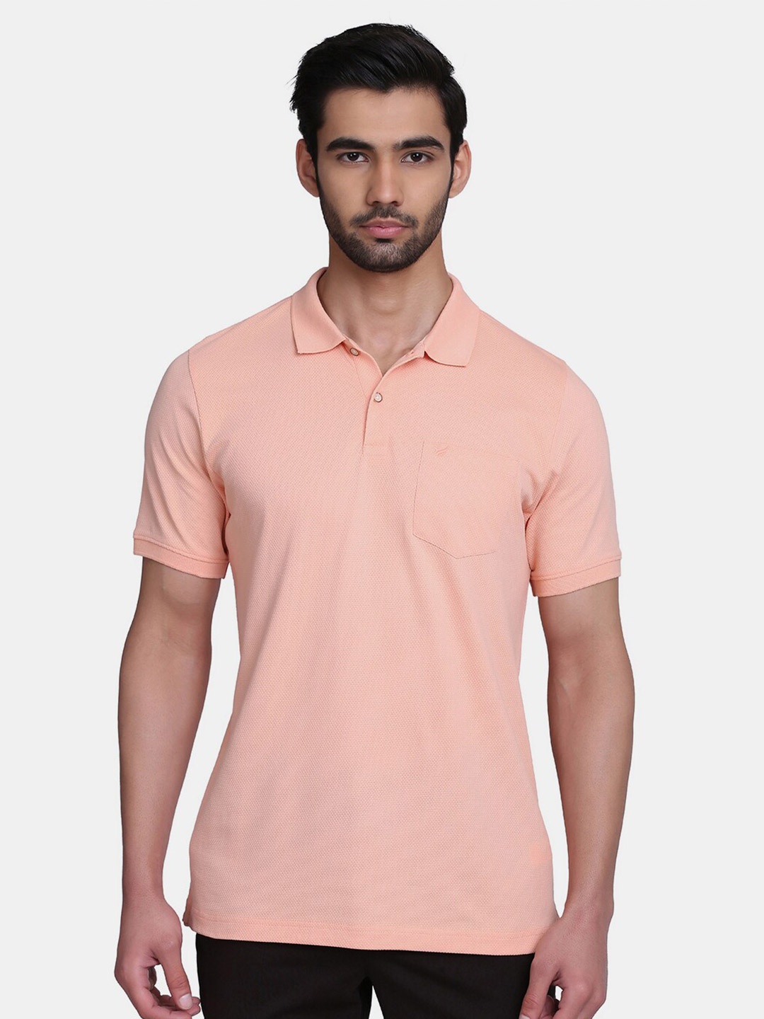 

Blackberrys Men Peach-Coloured Polo Collar Pockets Cotton Slim Fit T-shirt