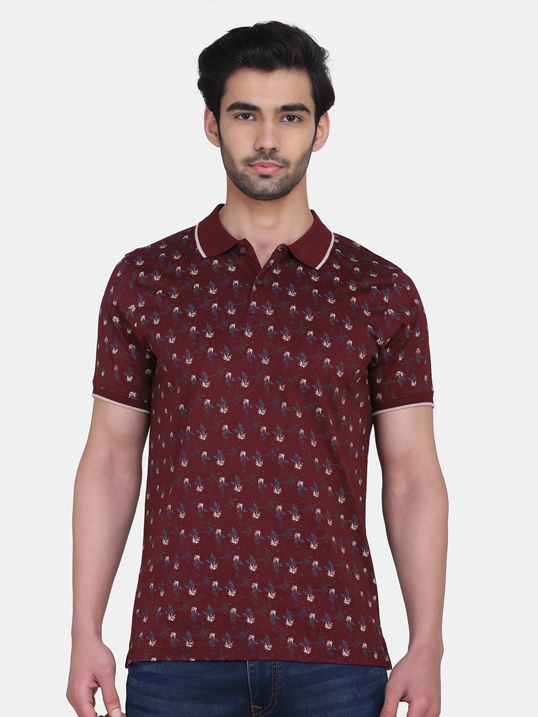 

Blackberrys Men Maroon Floral Printed Polo Collar Slim Fit T-shirt