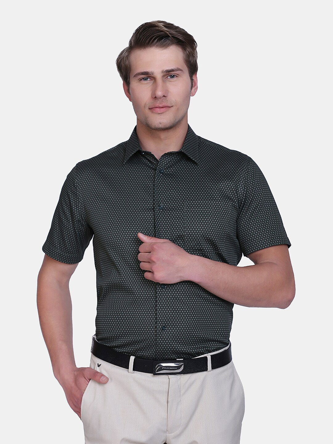 

Blackberrys Men Olive Green India Slim Fit Printed Cotton Formal Shirt