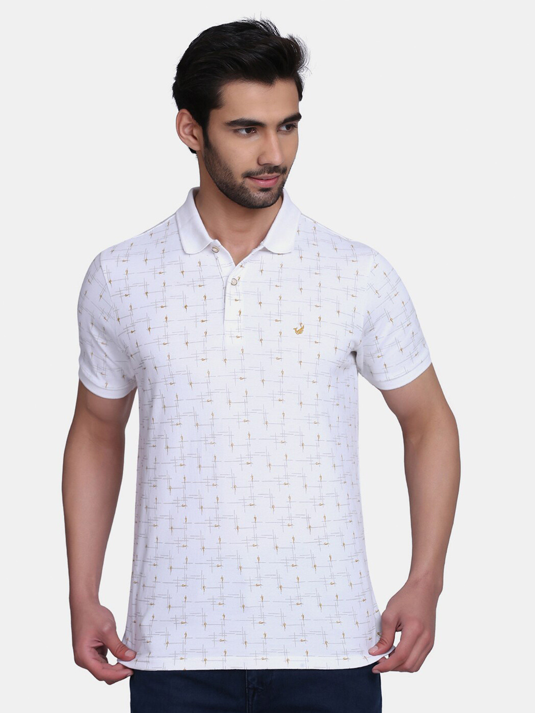 

Blackberrys Men White Abstract Printed Polo Collar Slim Fit Cotton T-shirt