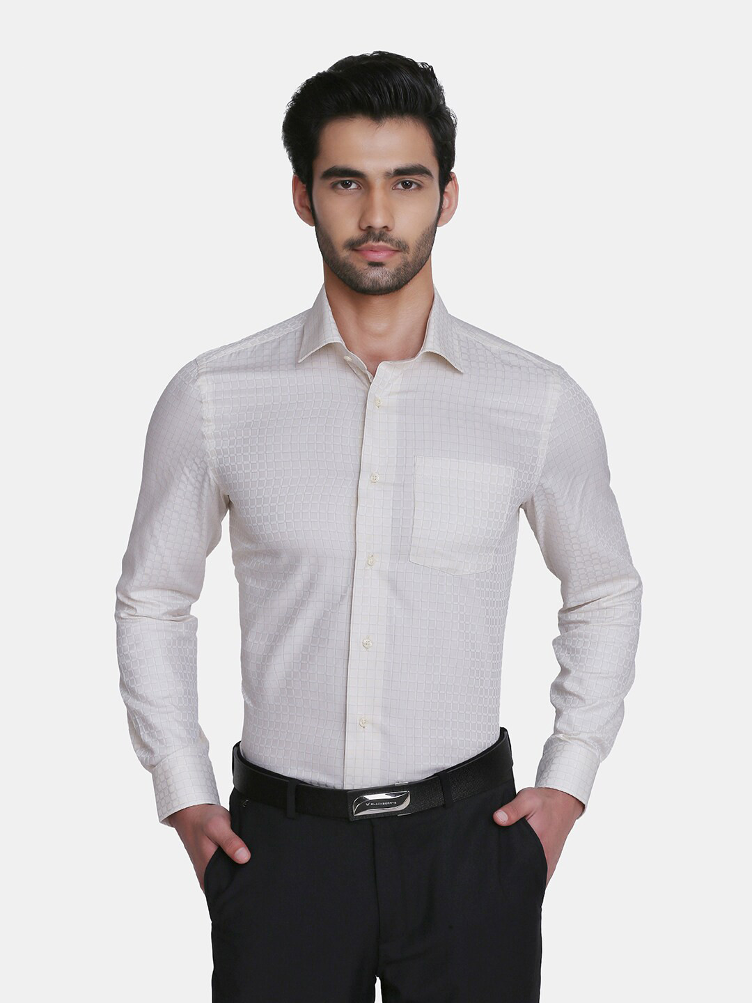 

Blackberrys Men Beige India Slim Fit Checked Cotton Formal Shirt