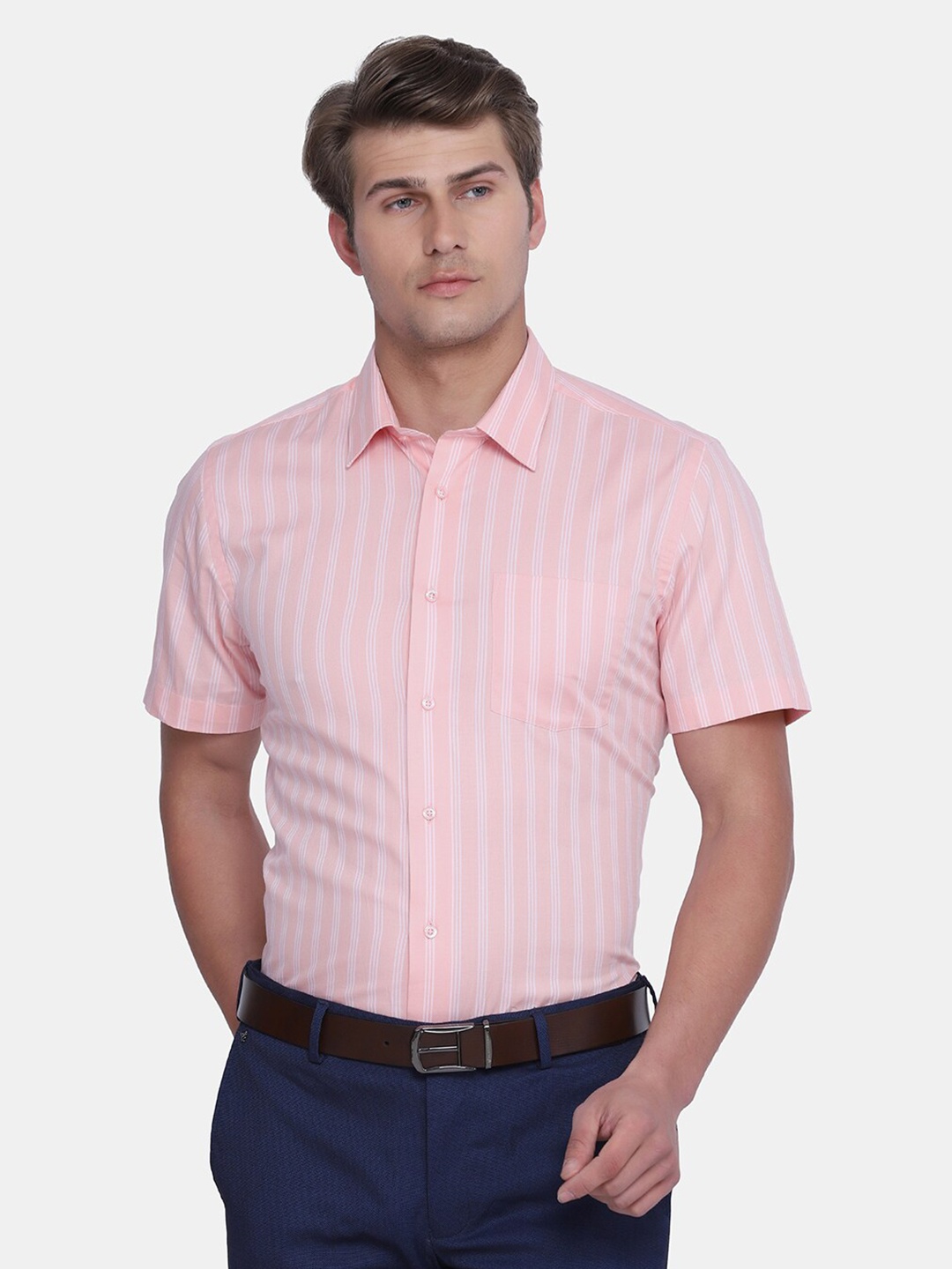 

Blackberrys Men Peach-Coloured India Slim Fit Striped Cotton Formal Shirt